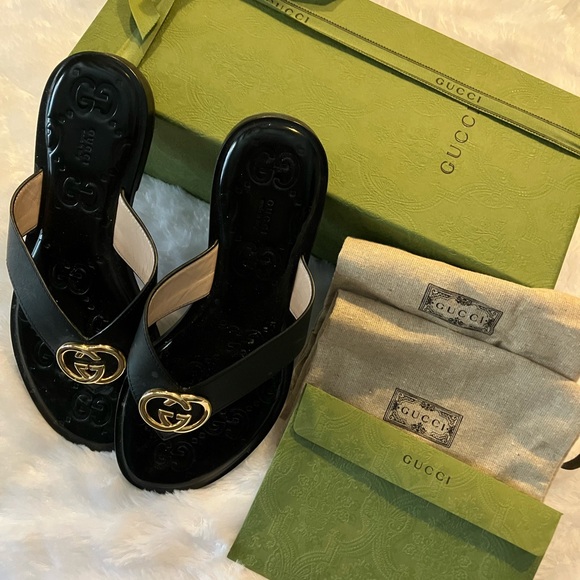 Gucci Black Sandals with Gold Accents - Picture 1 of 4